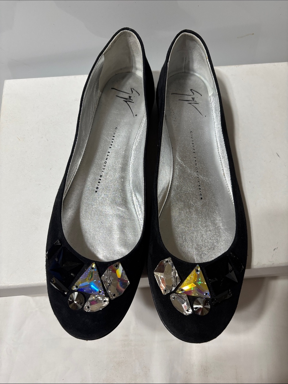 Giuseppe Zanotti Black Suede Jeweled Ballet Flats. EUC